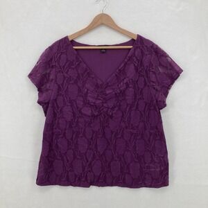 Alfani Woman Shirt Womens 3X Purple Lace Overlay Short Sleeve Ruched V Neck Top